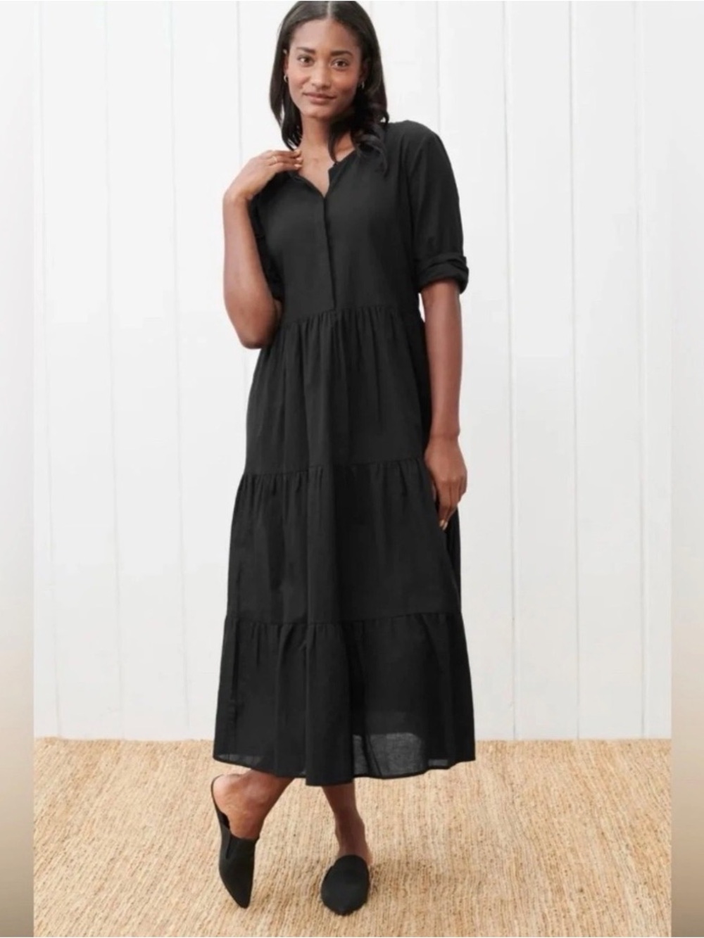 Jenni Kayne NEW James Black Cotton Linen Blend Tiered Midi Dress NWT Size Medium